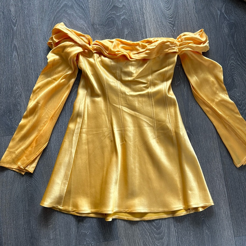Meshki satin off the shoulder yellow mini dress